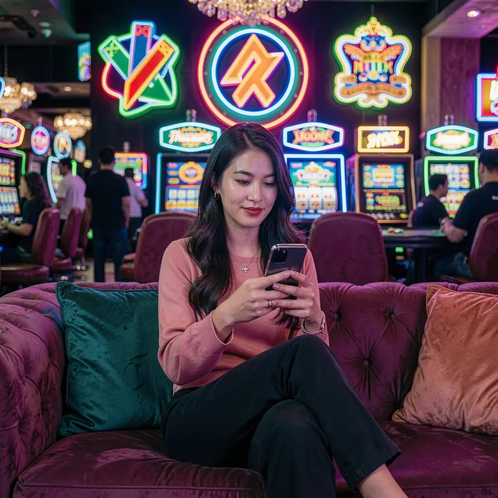 Stylish Filipino woman relaxing on a sofa while using the DDPh casino app surrounded by colorful neon casino lights and symbols