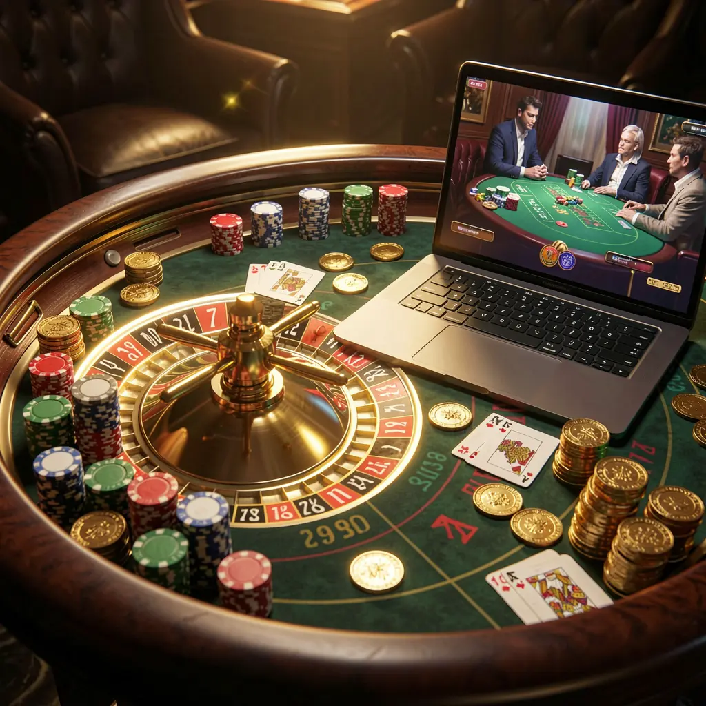Elegant online casino setup with a roulette wheel, stacked chips, and a laptop showcasing live gameplay representing the premium DDPH casino experience for players in the Philippines