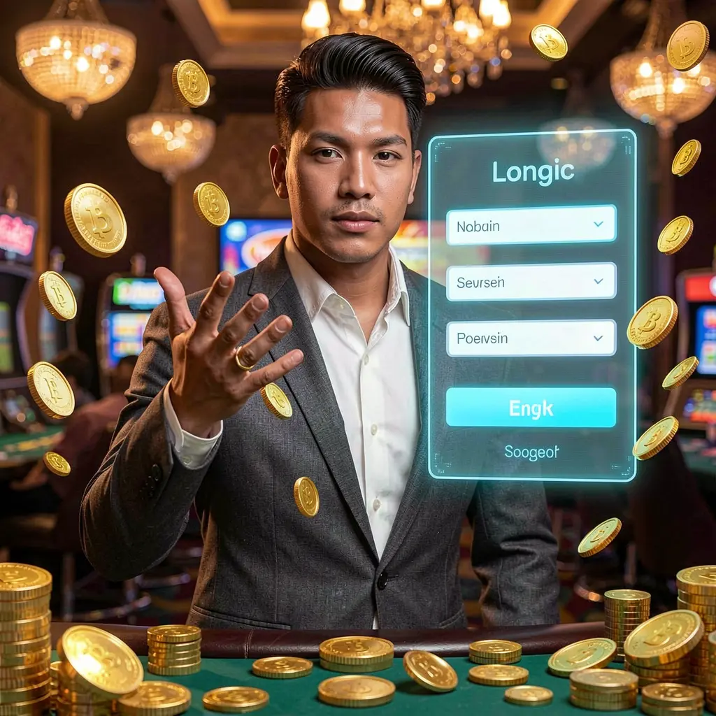Confident Filipino casino ambassador presenting the DDPH login interface with floating gold coins highlighting premium access for players in the Philippines